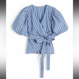 H&M Blue and White Striped Puff Sleeve Blouse